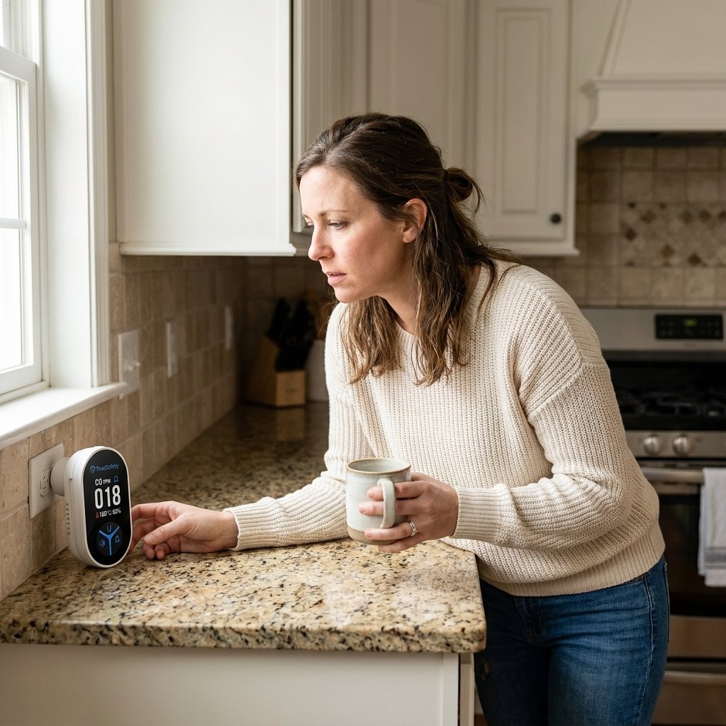 Woman in kitchen reviewing TrueDetect reading